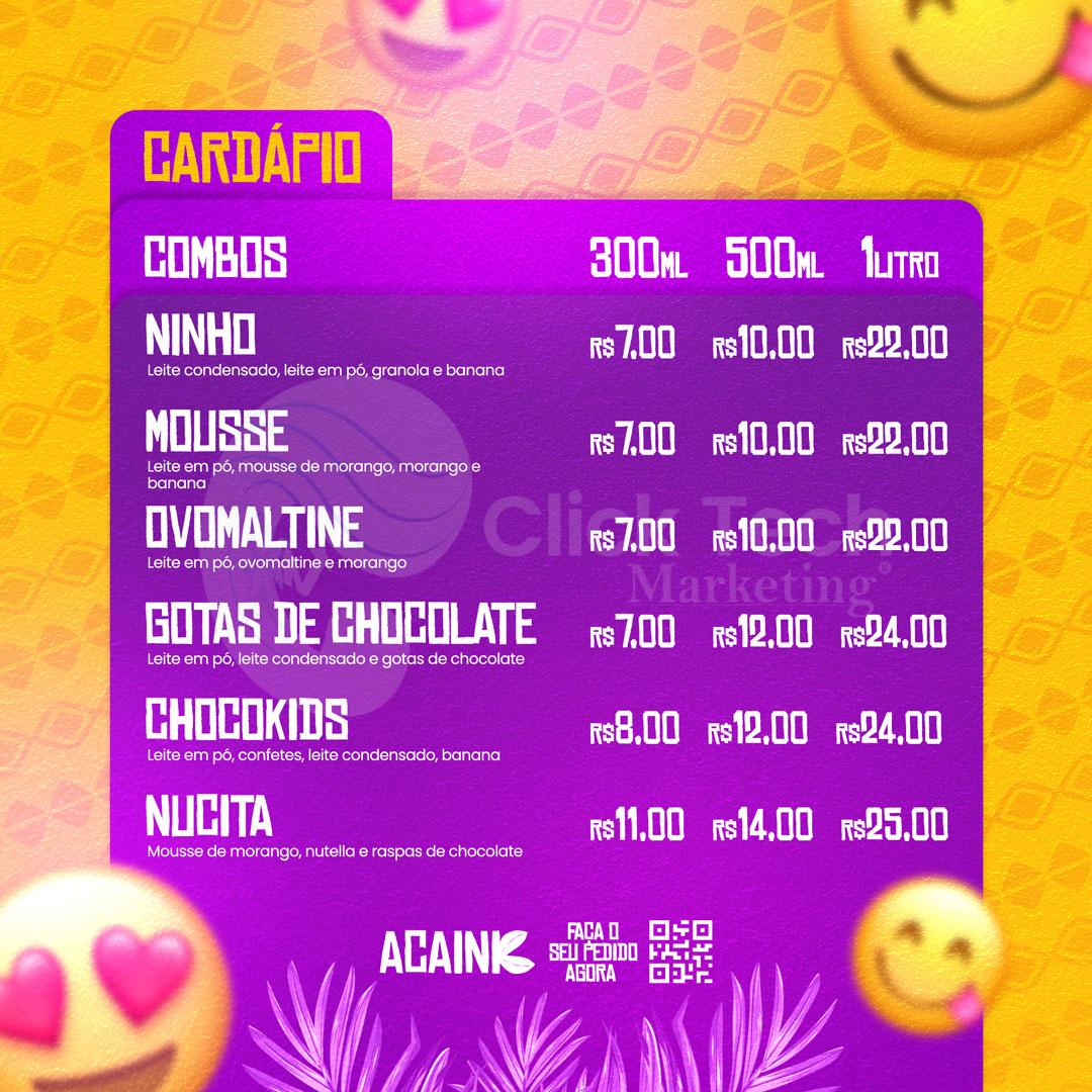 Cardápio açaí