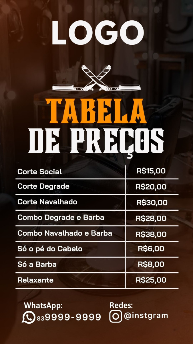 Post story barbearia tabela de preço